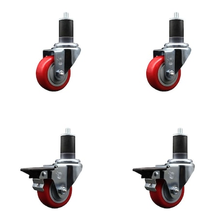 Service Caster 3'' Red Poly Wheel Swivel 1-5/8'' Expanding Stem Caster Set 2 Brakes, 4PK SCC-EX20S314-PPUB-RED-2-PLB-2-158